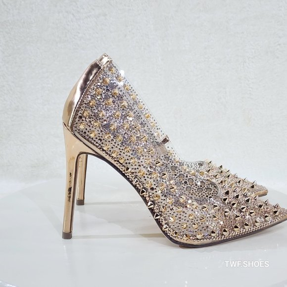 Spicy Stiletto PVC Clear Pumps Rose Gold Studs & Rhinestone Pumps High Heels - Picture 11 of 16